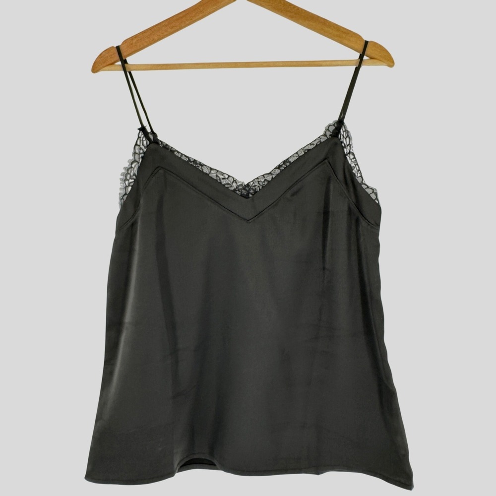 Gibson Satin Lace Trim Cami Womens S Black Coquette Romantic Minimalist Tank Top
